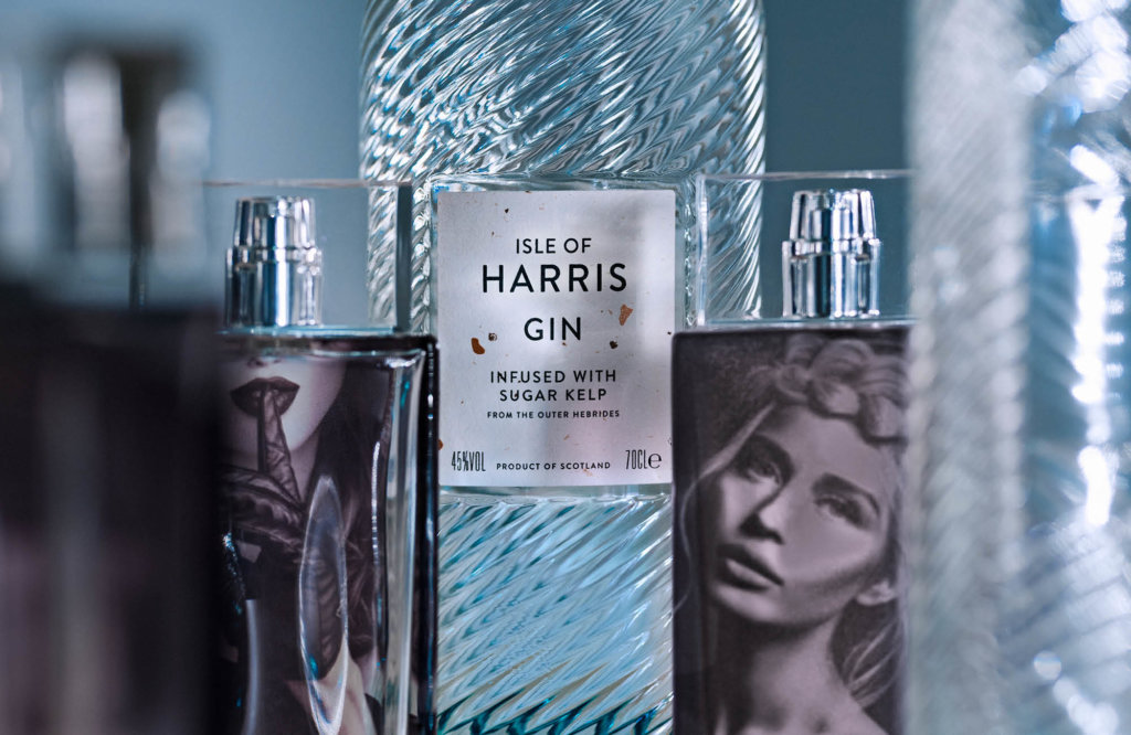 Spirits bottle Isle of Harris Gin and perfume flacons decorated via digital printing